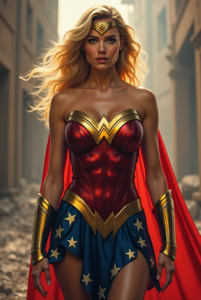 A beautiful blonde haired woman wearing a red and blue top with the Wonder Woman emblem on the middle, black leggings and gold boots with gold bracelets