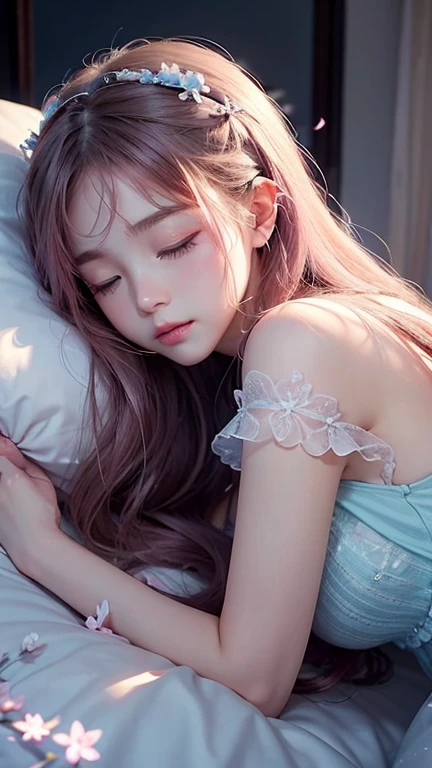 Lights out。Sleeping in bed。Sleeping with eyes closed。Beautiful young woman listening to music through headphones while lying down、Moonlight。Little Anime。Pink and light blue flowers are scattered throughout。Enchanting rooms。relax。Dark beautiful room。Woman with fair skin。pajamas。