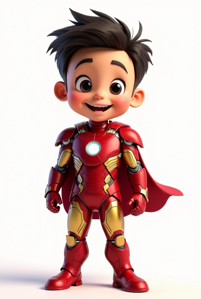 a happy and cute boy with short hair, wearing an iron man costume , white background, the child, tom, Pixar-style, ....3d, Cartoon s, face detailed, asymmetric 16k