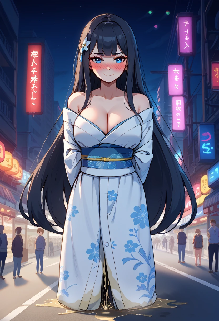 1girl, woman, (wetting self:1.5), desperation, (very long hair:1.5), straight hair, medium bangs, huge breasts, black hair, blue eyes, furisode, kimono, cleavage, (blushing:1.5), aroused, orgasm, smirk, wavy mouth, trembling, (hands behind back:1.5), city, street, crowd, night, futuristic, colorful lights, colorful city, storefront, counter