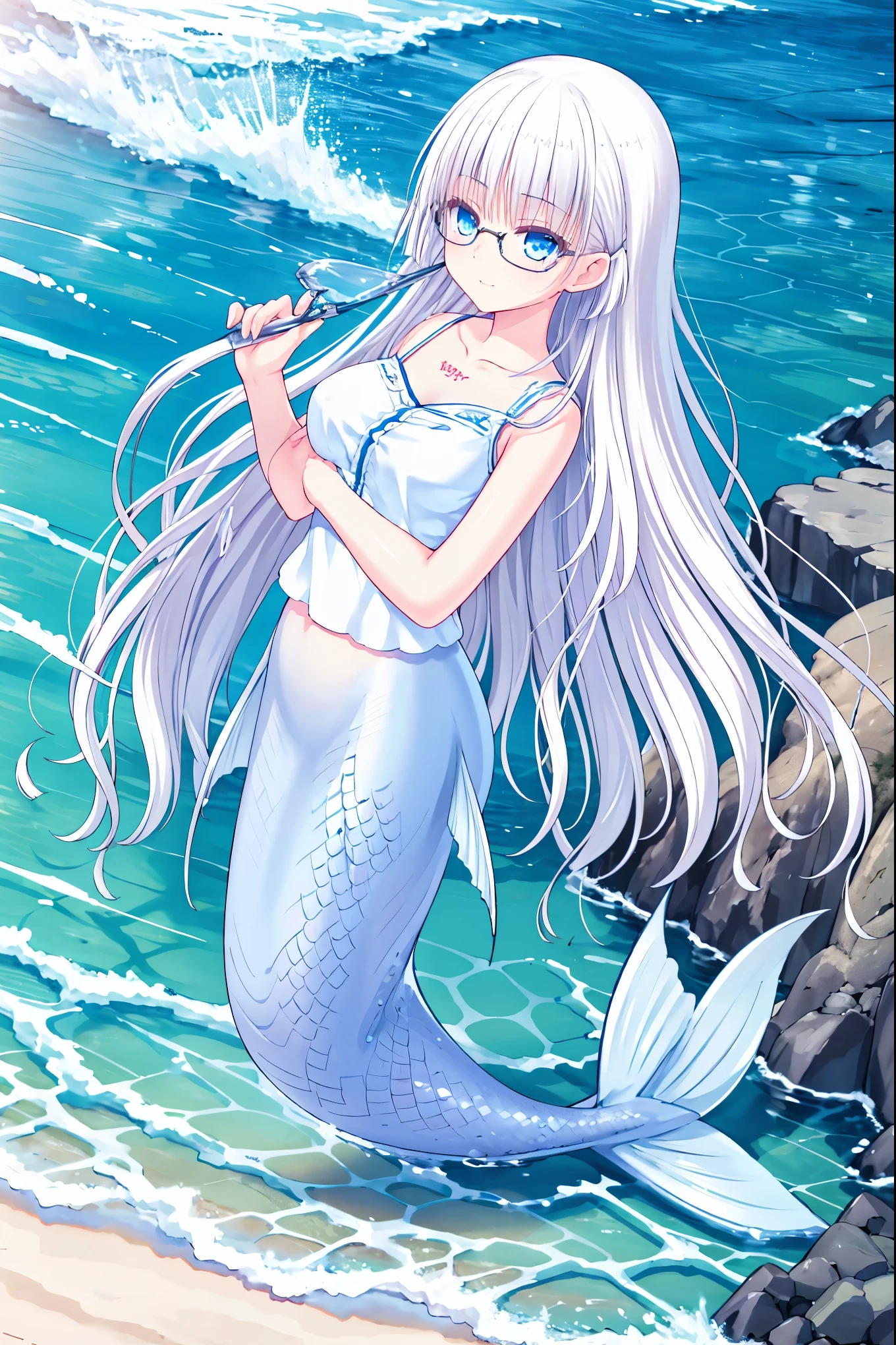 masterpiece, best quality,A girl,White long hair,Glasses,Blue Eyes,White shirt,独奏,Large Breasts,Mermaid,白色的Mermaid尾巴,full-body shot,beach,Sea view,Smile