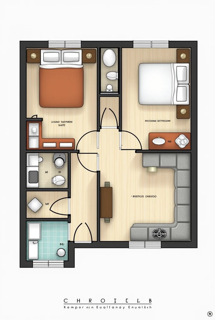 Create for me the plan of a house with two bedrooms, a living room, a kitchen and a bathroom