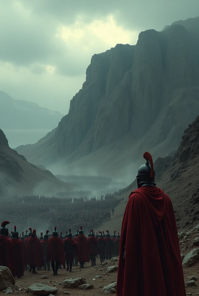 Battle of Thermopylae, view from the top of a mountain, three hundred Spartan with thousands of Persian soldiers, gloomy day, Persian soldiers wearing black and Spartans wearing red
