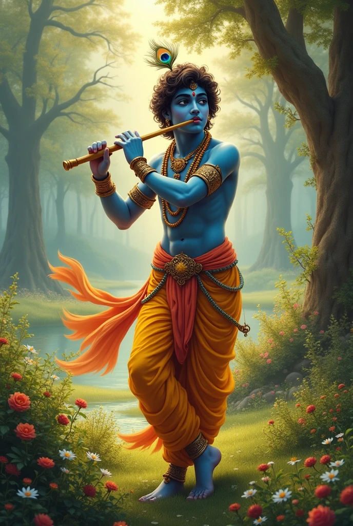 Generate a image of most beautiful krishna using flute.