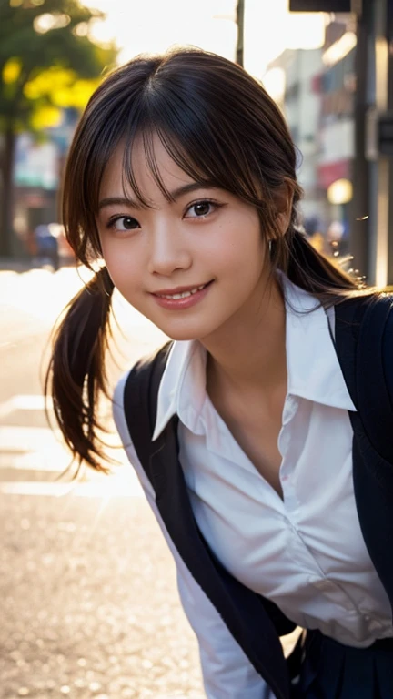 (Highest quality,masterpiece:1.3,Ultra-high resolution),(Very detailed,Caustics,8k),(Realistic:1.4,RAW shooting),1 person,(Smiling and looking down at the camera),(Front shot:1.1),(Look forward),18-year-old,cute,Japanese,Black short ponytail,school uniform,glamorous,(Big Breasts),( close),(breast focus),street,sunlight,Natural light,(Backlight),(A bright light shines from behind),(Lens flare),Professional Writing,(Cowboy Shot),(Low position:1.3),(Low Angle:1.3)