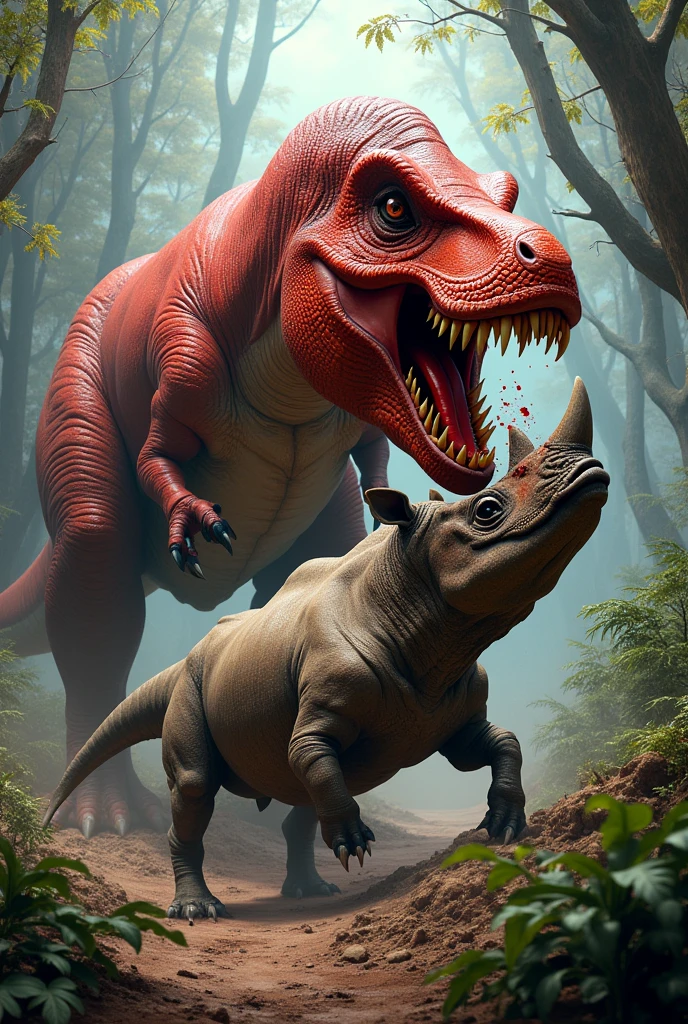 A red t rex eating a rhinoceros