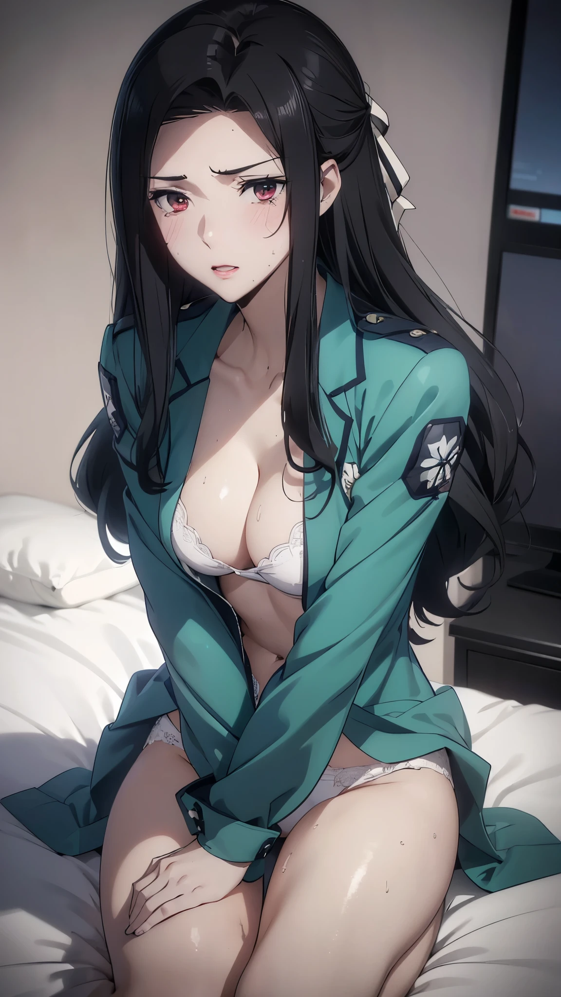 1 personの, alone, masterpiece, Highest quality, The Irregular at Magic High School, Mayumi Saegusa,Mayumi Saegusa, iris, Red eyes, eyelash, Black Hair, Long Hair, Back ribbon,High School Uniform, Green jacket, Cropped jacket, Open jacket, Long sleeve,  (masterpiece: 1.3), (Maximum resolution: 1.2), (Ultra HD TV: 1.2), Cinematic Light, 8k resolution, Detailed facial features , (Sharp focus: 1.2）, (Focus on the face:1.2),Perfect Style, Beautiful Face, Acura, Anatomically correct, Highly detailed face and skin texture, Beautiful Eyes,Beautiful Eyes, Thin eyebrows, Natural Cheeks, Glowing Skin, Fair skin: 1.2, (Glossy Lips: 1.4),、 (Embarrassed look: 1.2),Highly detailed face and skin texture, Natural Cheeks, , Glossy Lips: 1.4,Perfect Style、Cleavage、Soft Breasts、（Semen on chest:1.6）（Cum on thighs 1.5）、 Overflowing sperm、Drenched in sweat、Wet clothes、blush、A humiliating look、Anxious expression、Frightened expression、Embarrassed look、Glare、anger、sorrow、tears、（Open your knees:1.5）、（Spread your legs:1.5）、 White underwear、Disheveled clothes、sweating、Thin underwear、18-year-old、 clear, A clean-cut woman,1 person、 Upward-facing chest, Black Hair、blue eyes、Beautiful Eyes、Torn clothing、（masturbation behavior:2.0）、At the bed、（On my back、At the bedLying down、Lying down、White sheets:1.7）、avert your eyes、