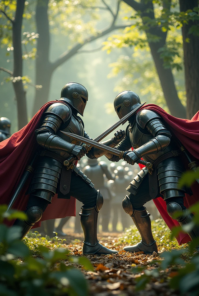 People in black armor fighting people in silver armor in the forest