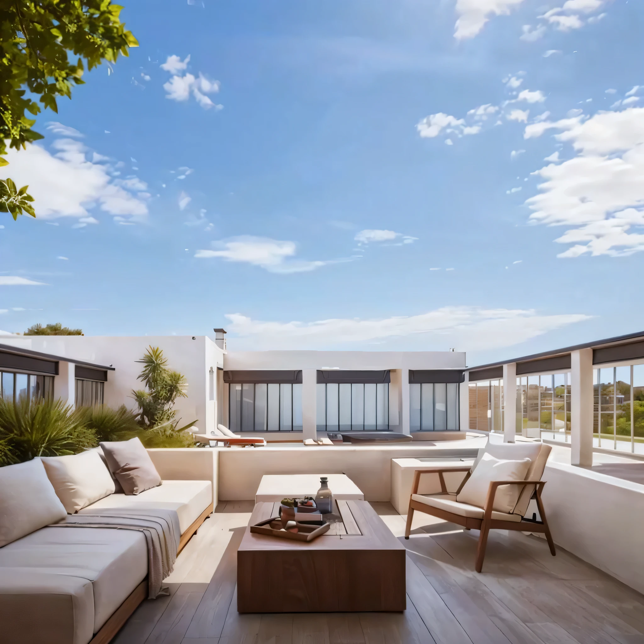 Terrace view with sofa, Table and simple chairs,Soft light without shadow, Location Photography, High-quality images,, esthetic photo, Penthouse, Stunning composition images, Height Rendering!!