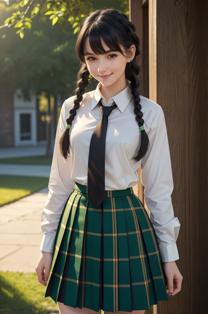 (best quality,4k,8k,highres,masterpiece:1.2),ultra-detailed,realistic,  girl, black hair, long braids, bangs, pale skin, small nose, narrow waist, wide hips, smiling, white buttoned shirt, green plaid tie, green plaid pleated skirt, school, vibrant colors, soft lighting, full length picture
