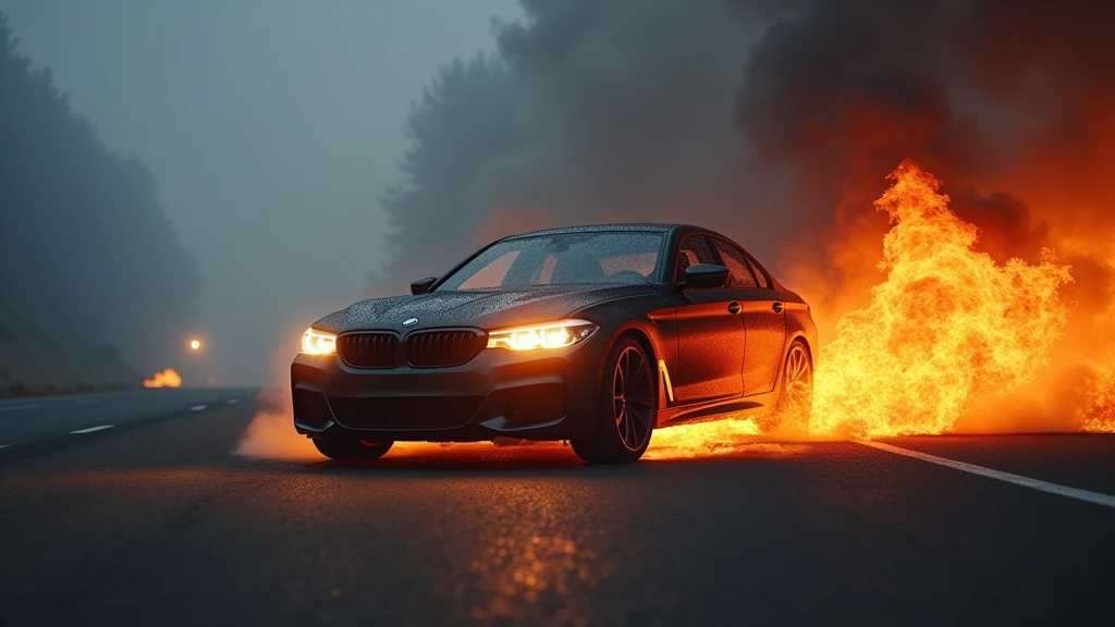 A captivating high-speed photograph of a BMW car engulfed in flames and smoke, creating a dark fantasy ambiance. The car is traveling at a breakneck pace on a deserted, foggy highway, with only the headlights piercing through the ominous darkness. The flames and smoke billow from the car, casting eerie shadows on the surrounding environment. The overall atmosphere of the image is intense, chaotic, and hauntingly beautiful., dark fantasy