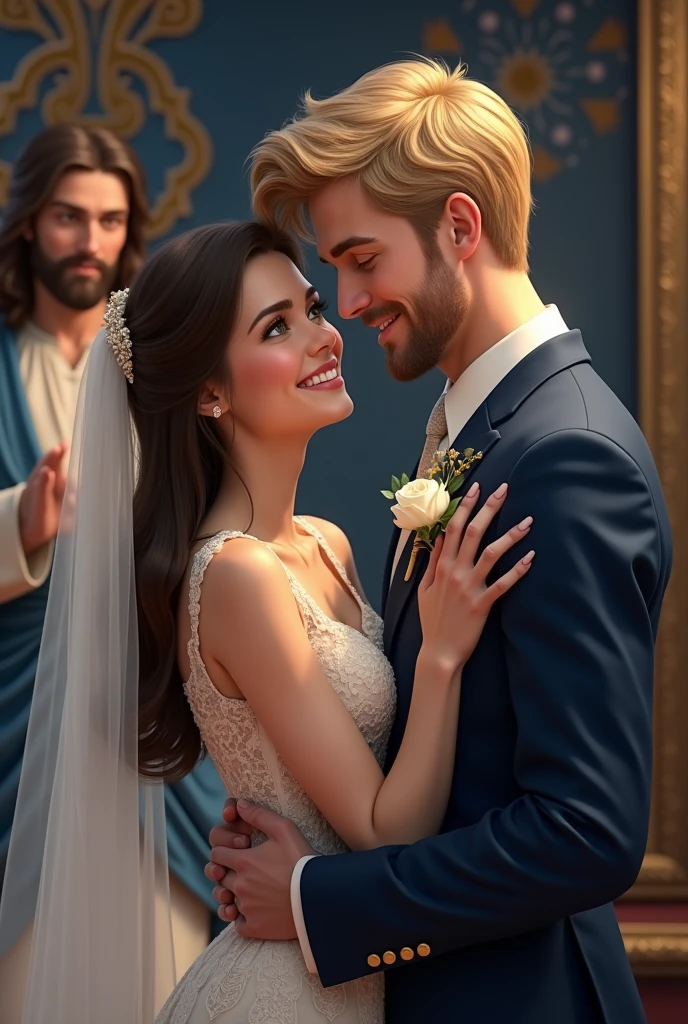 Noiva white skin color, dark brown straight hair mid-back length, smiling and looking at the groom, which is taller, white skin color, BLONDE WITH GREEN EYES, is smiling at the bride with one hand on her face and the other on her waist hugging. No fundo, blurred decoration in dark blue and gold, and a man representing Jesus Christ blessing and happy with the bride and groom.
