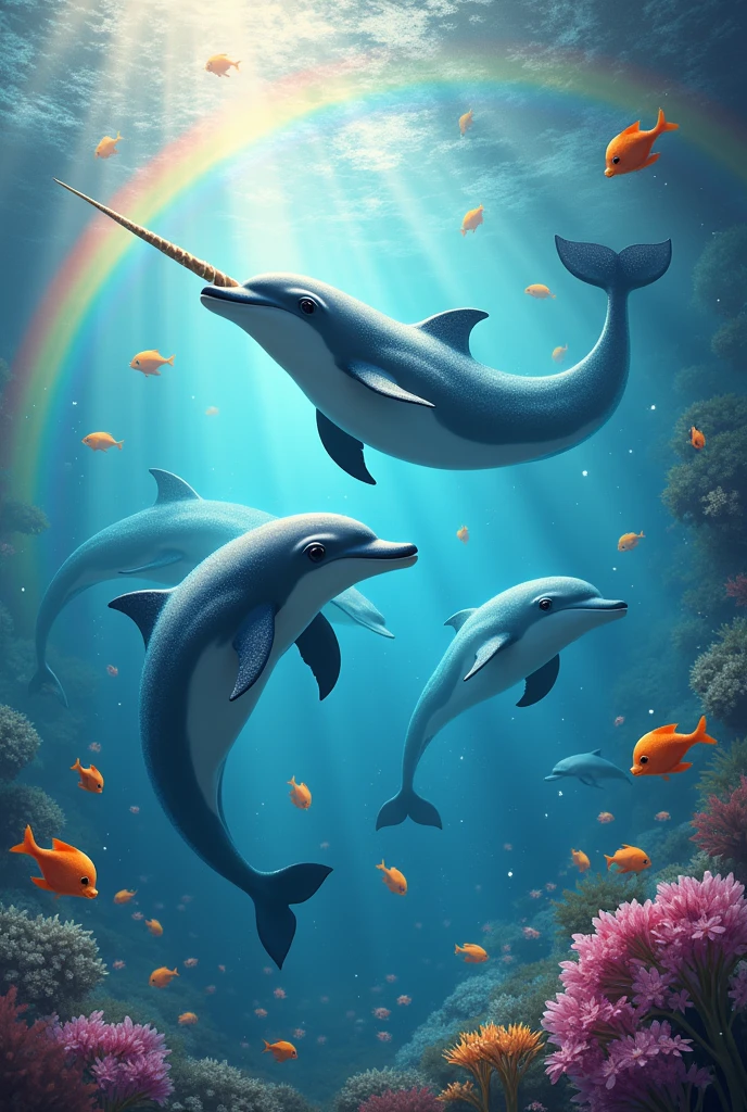 take a picture of dolphins with rainbows and glitter and fish, Many more rainbows and more sparkles and have a unicorn