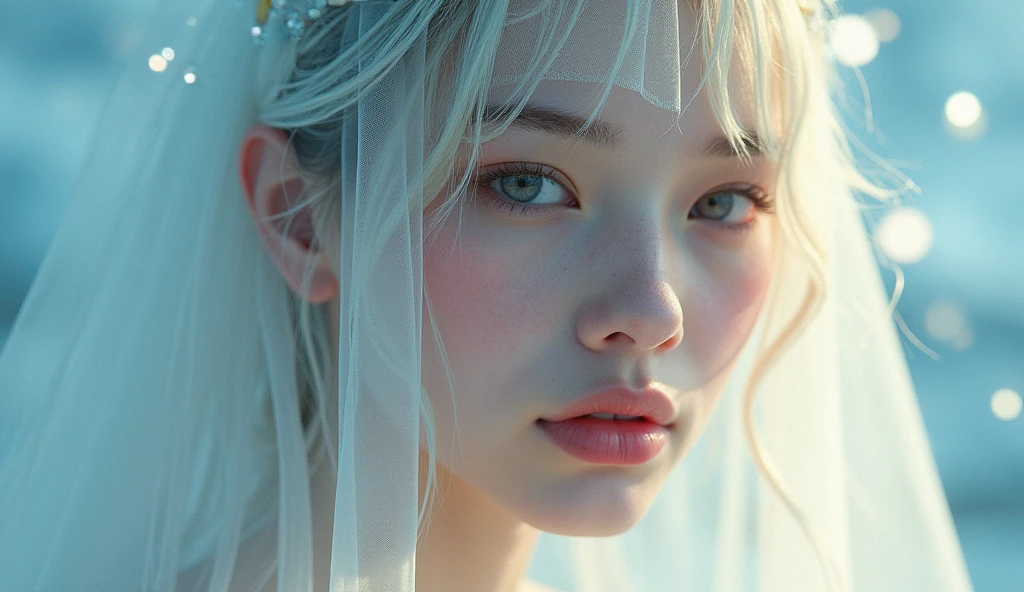 A mysterious figure covered in a translucent cloth、Abstract and ethereal portraits, Crystals decorating hair, A swirl of dreamy pastel colors and soft light, Evokes a sense of serene serenity and elusive beauty, Attention to detail, An award-winning masterpiece with stunning detail . Non-expressive, Color and shape, emotional expression, Imaginative, Very detailed