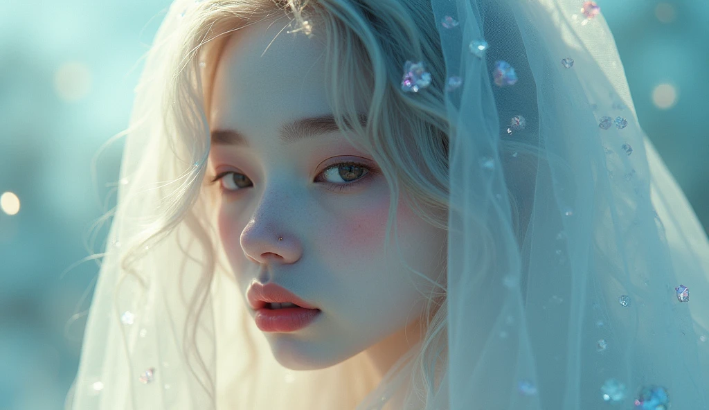 A mysterious figure covered in a translucent cloth、Abstract and ethereal portraits, Crystals decorating hair, A swirl of dreamy pastel colors and soft light, Evokes a sense of serene serenity and elusive beauty, Attention to detail, An award-winning masterpiece with stunning detail . Non-expressive, Color and shape, emotional expression, Imaginative, Very detailed