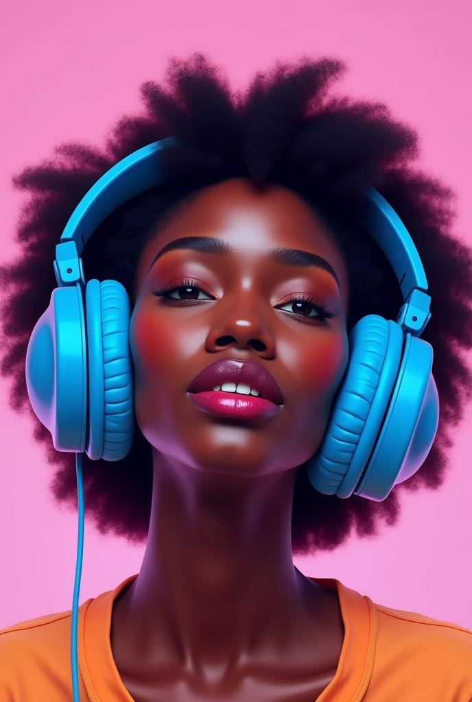 Create an image with a light pink background. A black girl with a huge neon blue headset listening to music. front pose