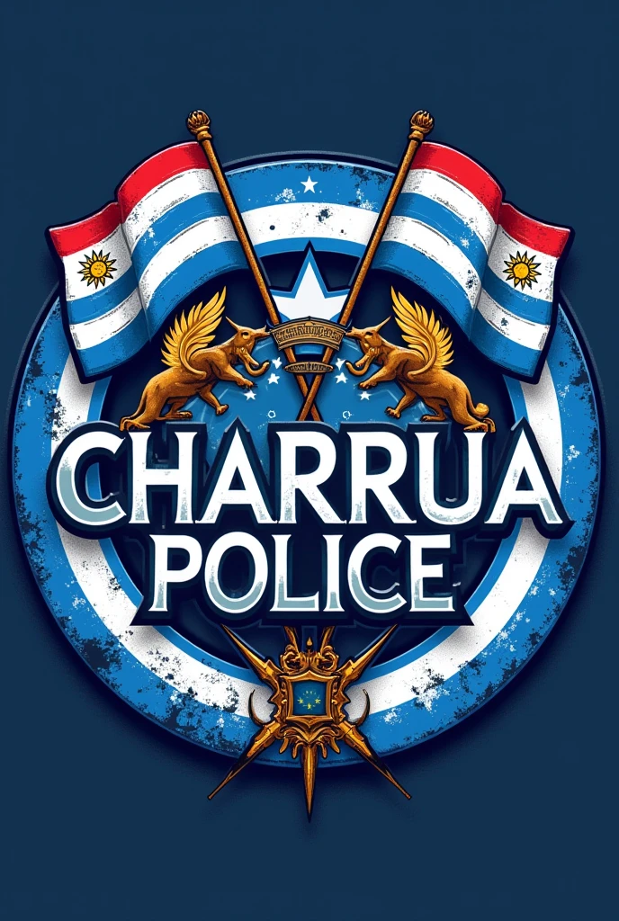 Design a circular image that says Charrua police with Uruguay flags with a mate
