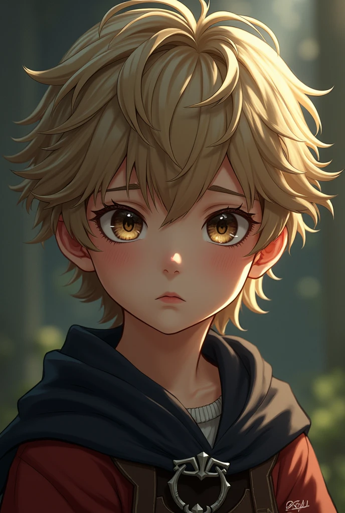 A boy of about , anime type with features like: dark brown eyes, semi wavy hair, half blond,
Let it be something like anime but from medieval times but with black hair and not so anime that it is like a boy with BLACK HAIR AND SOMETHING SAD