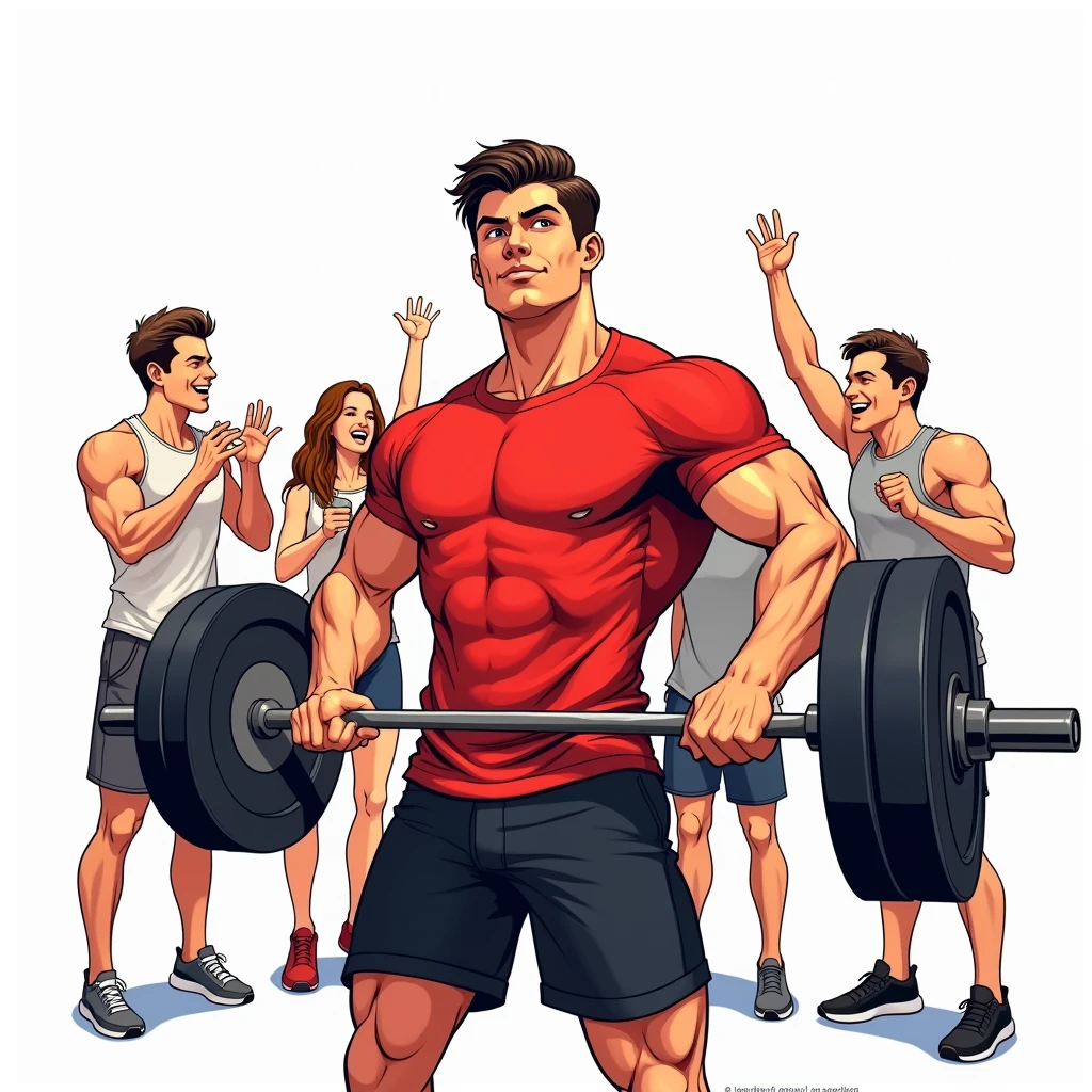 comic art style, best quality, masterpiece, full body, handsome young man wearing red tshirt and black shorts, (lifts barbell), four friends behind him cheering, perfect fingers, perfect hands, perfect face, perfection, white background