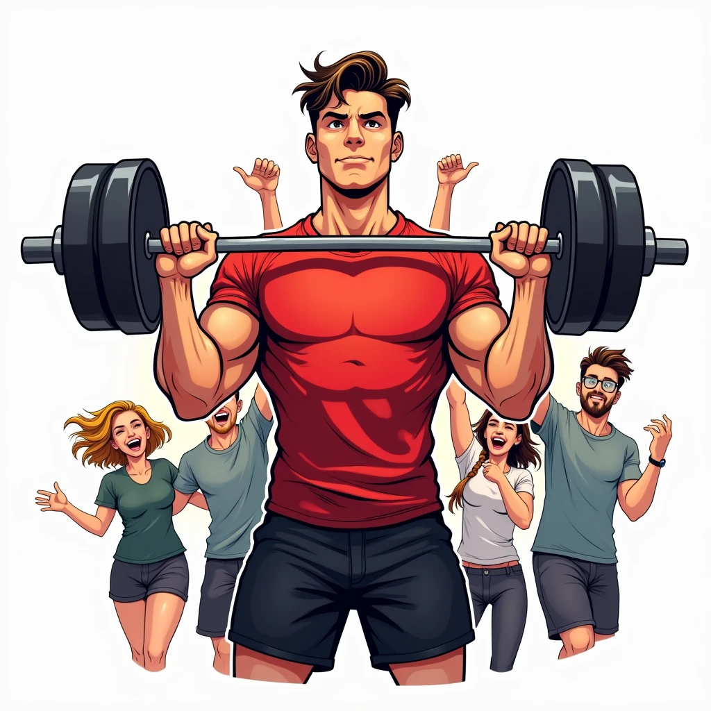 comic art style, best quality, masterpiece, full body, handsome young man wearing red tshirt and black shorts, (lifts barbell), four friends behind him cheering, perfect fingers, perfect hands, perfect face, perfection, white background