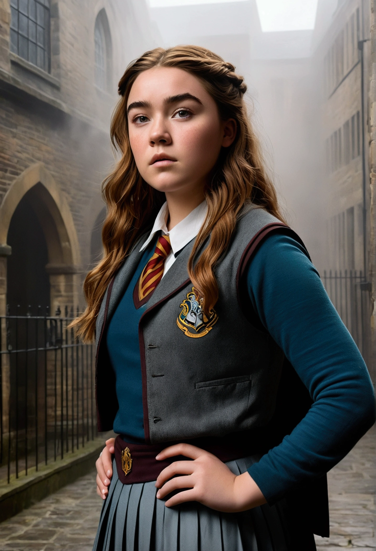 An illustrated movie poster, hand-drawn, full color, a teenage Hogwarts student, 18-years-old, female, wearing a charcoal vest and a pleated skirt, athletic hourglass figure, full wide hips, massive round butt, long shapely legs, ridiculously thick powerful thighs, vibrant eyes, deep dark auburn hair, thick shaggy bangs, flushed sun-kissed complexion, freckles, resembles Florence Pugh, standing in a foggy Hogwarts courtyard, surrounded by mist, graphite shading, stencil marks, airbrushed acrylic paint, masterpiece, close-up shot, in the style of the Deathly Hallows