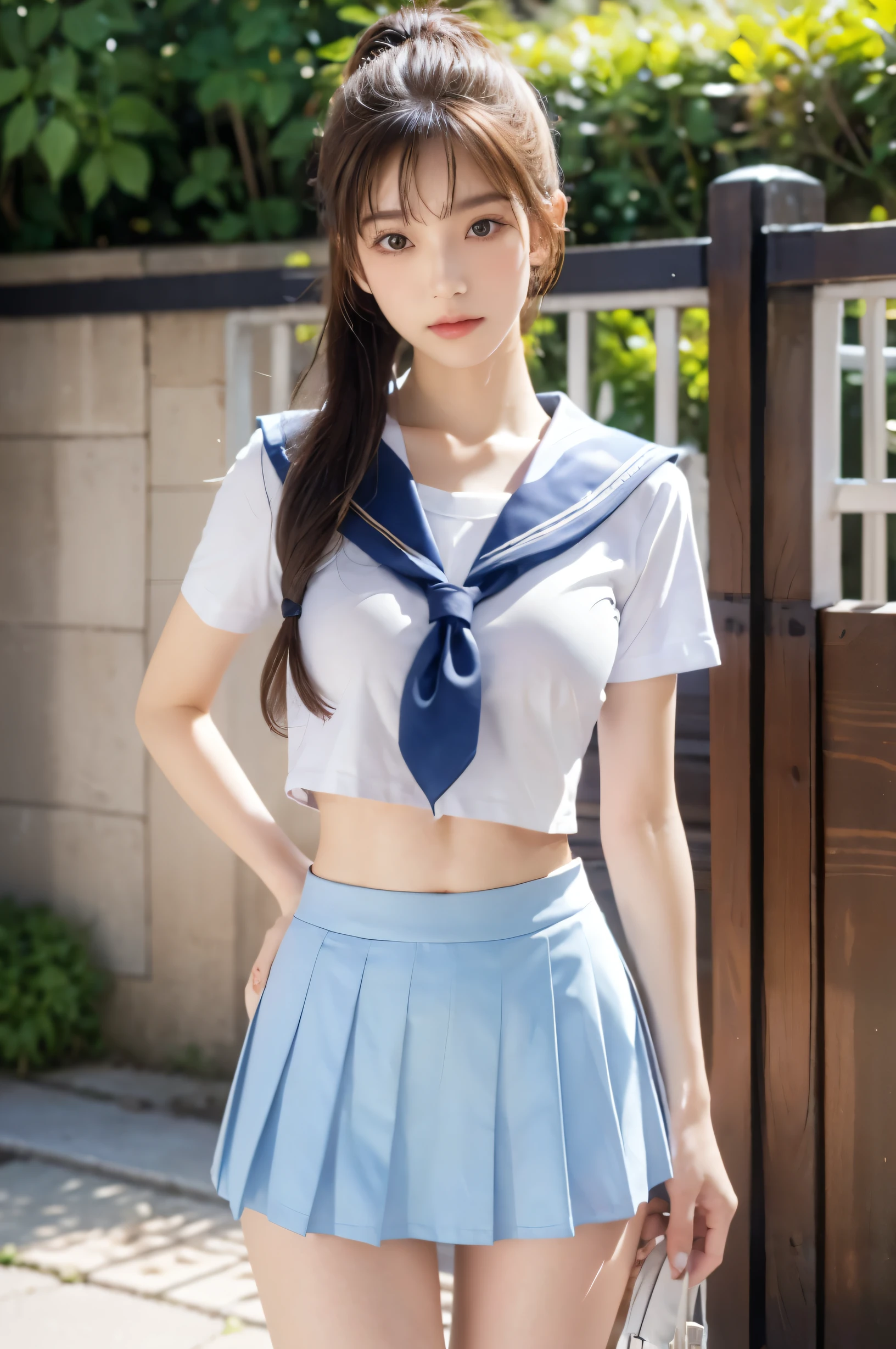 (Ultra HD), (Looking at me), (The whole body is shown), (Light blue short sleeve sailor uniform, Light blue low rise mini skirt), Big Breasts, slender, Narrow waist, (The belly button is visible:0.6), (Thin legs:1.2), (Thin thighs:1.2), (Thin Hips:1.4), (Beautiful Skin, Shiny skin, White skin), (Super slim face, Super beautiful face, No makeup, Smile:0.6), (light brown, ponytail, Layered Cut, Fluffy hair), (double eyelid, Slanted Eyes), Small Nose, Thin lips, Are standing, In front of the school gate