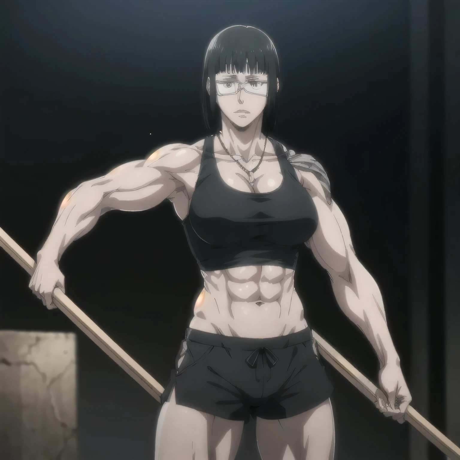 best quality,ultra-detailed,realistic:1.37),musclaur badass girl with sculpted body with preview her musclaur body and six-pack, full review of the female character's face and body, intense expression, strong and confident posture, studio lighting, vivid colors, physiologically-based rendering, grungy texture, rugged background, dust particles in the air, commanding presence, professional, powerful, gritty aesthetics,,Valmet،short hair,necklace,Light reflection on shoulders,clean muscles،wearing black sport shorts and red gym tank top,tattoos on shoulders،muscles review( girl solo),eyepatch,Shining muscles,eyes detailing,fat free body,veins in muscles,penis growth inside shorts,Photo session,Matching remix,With both hands holding a metal rod, sexy muscles