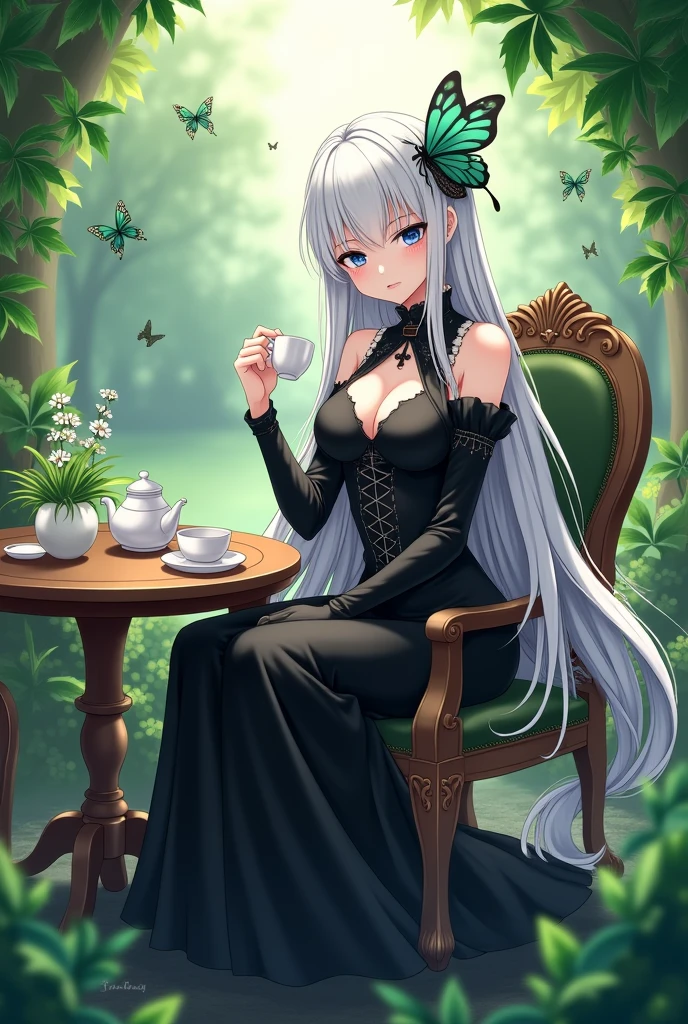 (Anime:1.3), Female. Woman. Sitting in garden. Tea table. Tea Party. 1girl. White hair. Sitting in chair. Smug smile. Long hair. Goth dress. Black long dress. Raven blue eyes. White eye lashes. Green butterfly hairpin, echidnanai, butterfly hair ornament, colored eyelashes, dress