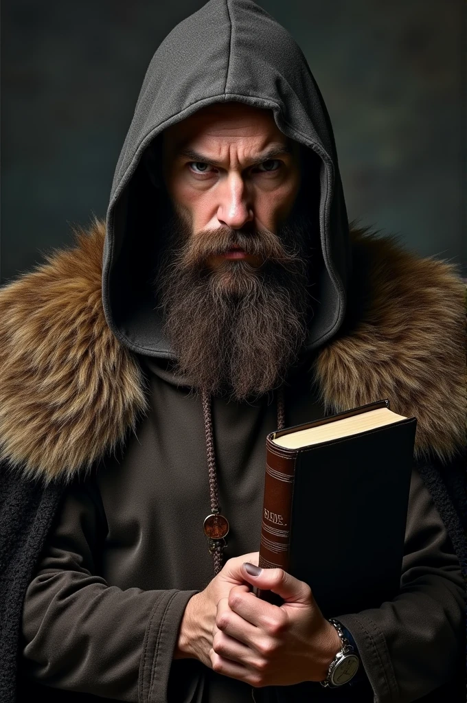 A strong, bearded man hooded in a dark and brutal Viking style holding a bible. Front photo