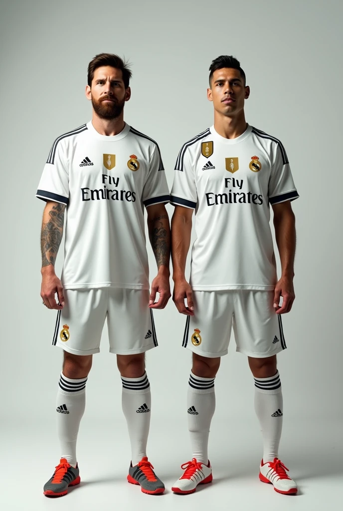 Generates an image of Messi and Cristiano wearing the same Real Madrid shirt 