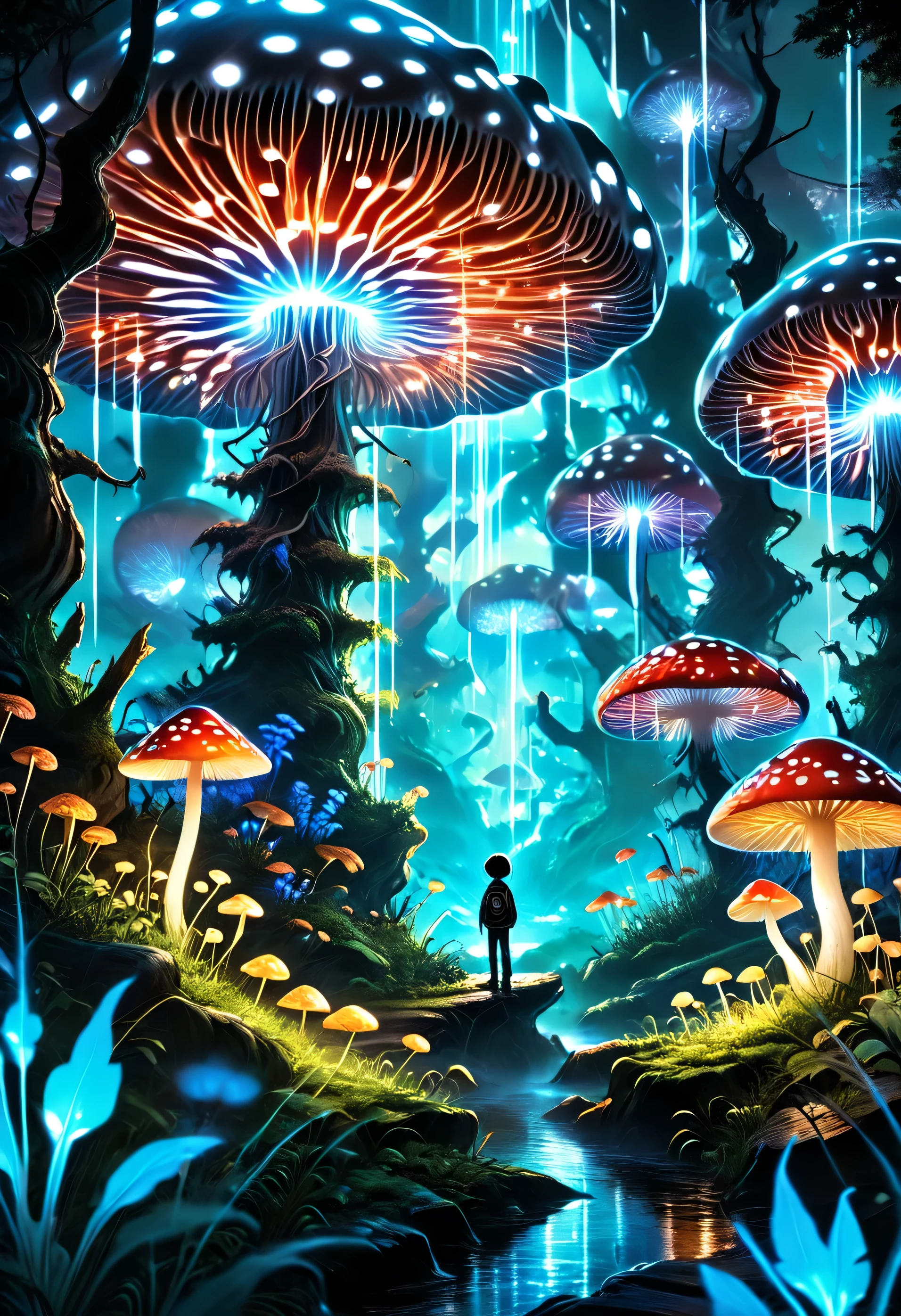 1boy, landscape view, abstract landscape, shining mushroom, shining flower, anime graphics, forest, intricate, detailed, masterpiece, 8k