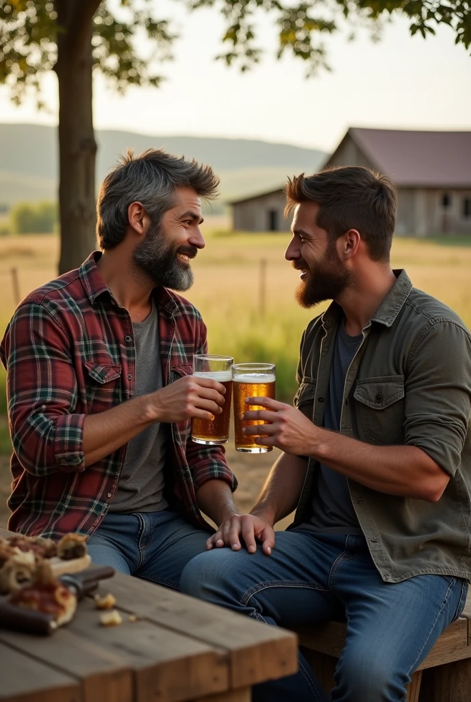 2 young men, one had a beard and the other is younger, drinking beer together.In a farm
