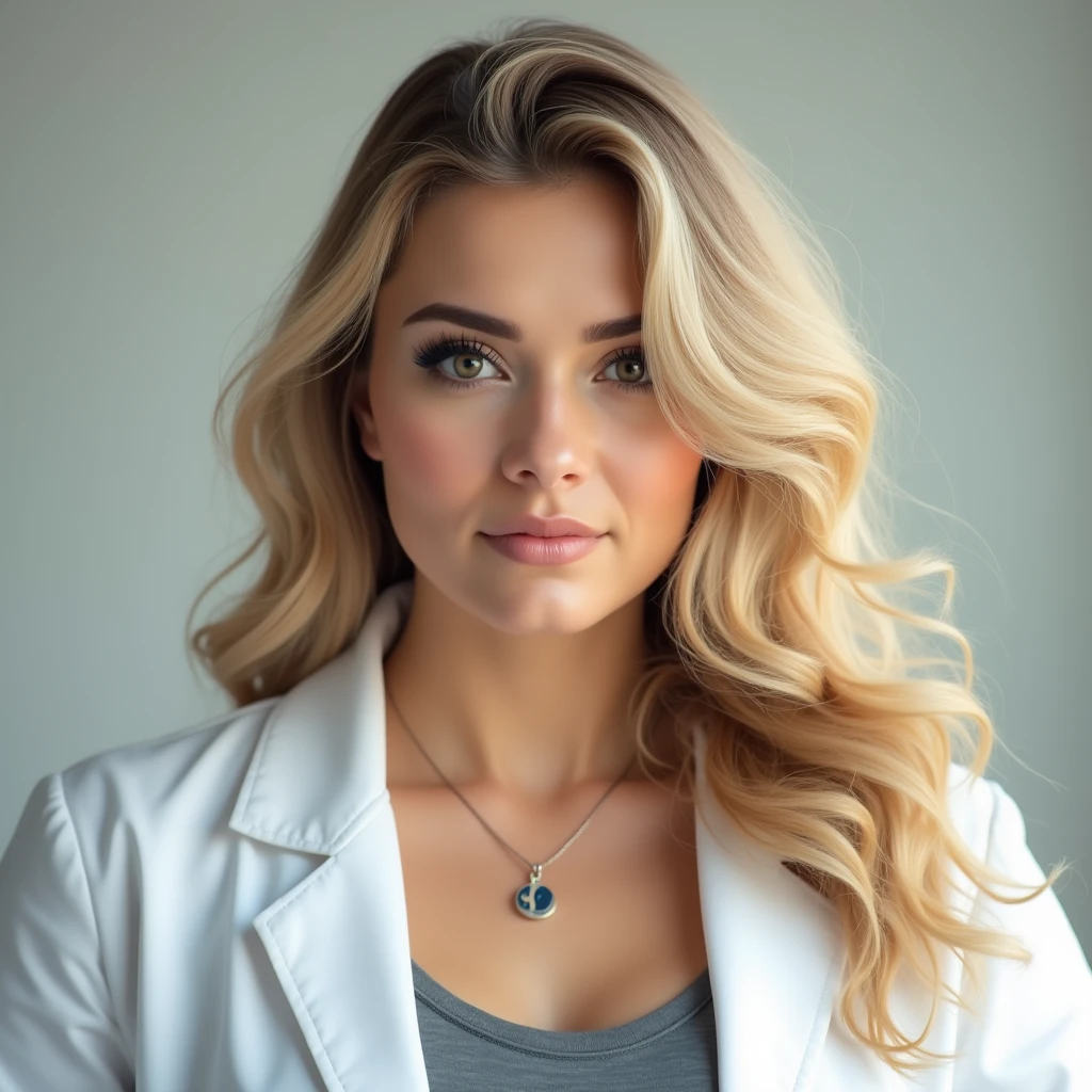 young jewish woman, full weight body, blonde long wavy hair, short neck, straight focus, white lab coat jacket, close up portrait