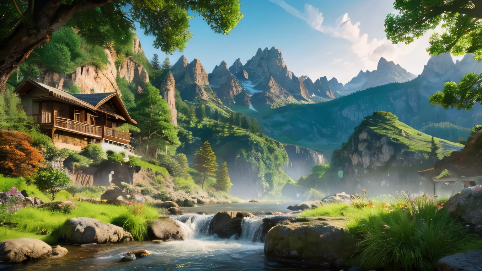 Beautiful hyper-realistic landscape with mountains, trees and waterfall, 8 k, cool image,กลางคืน,ท้องฟ้ามืด