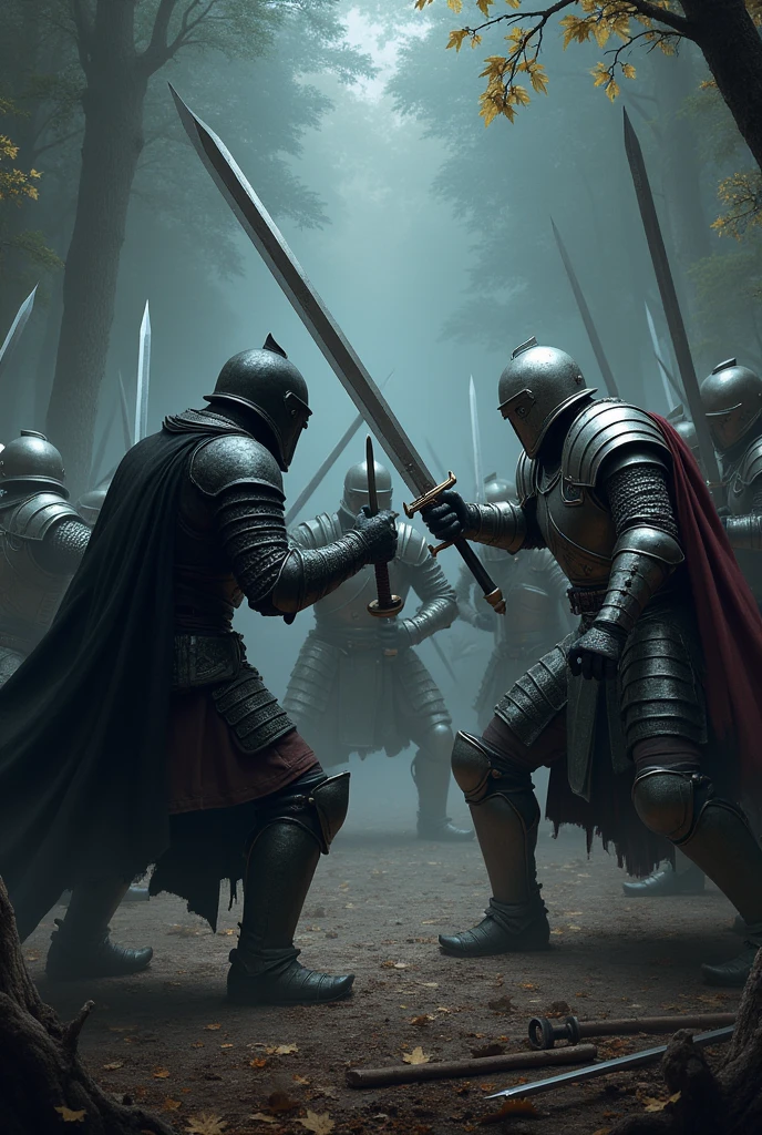 People in black armor fighting people in silver armor in the forest at night