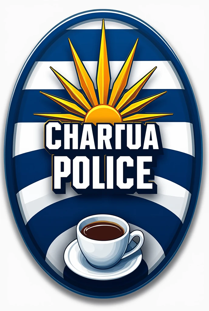 Design a circular image that says Charrua police with Uruguay flags with a mate