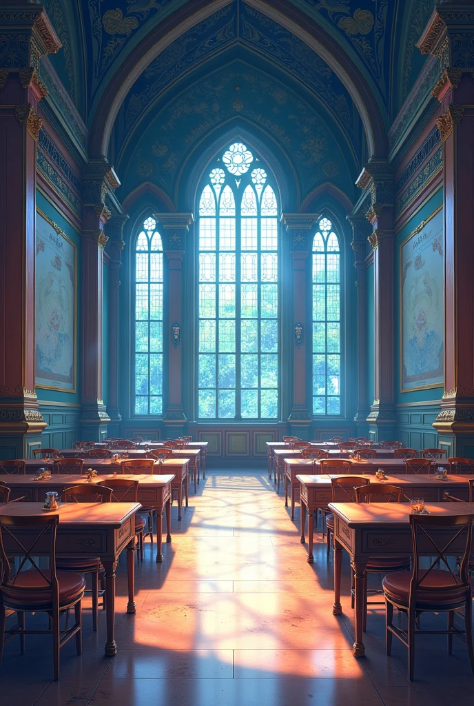 Empty classroom in a huge academy with an elegant and magical atmosphere Design it in manga style