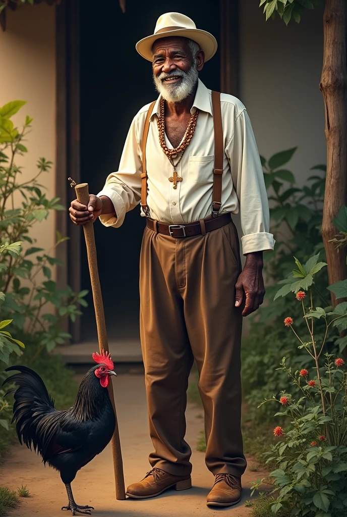 A 90-year-old black man of African descent, a little hunchbacked, tall and strong, wearing brown pants and a starched white shirt, barba, White hat, walking stick, pipe in hand, Grinning, rosary around the neck, in the background a wooden house and many medicinal herbs, twilight and a black rooster on the ground 