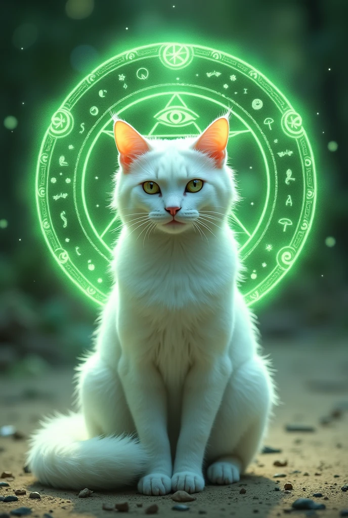White cat on the ground around its head a circle of bright green energy with mystical symbols eye of horus