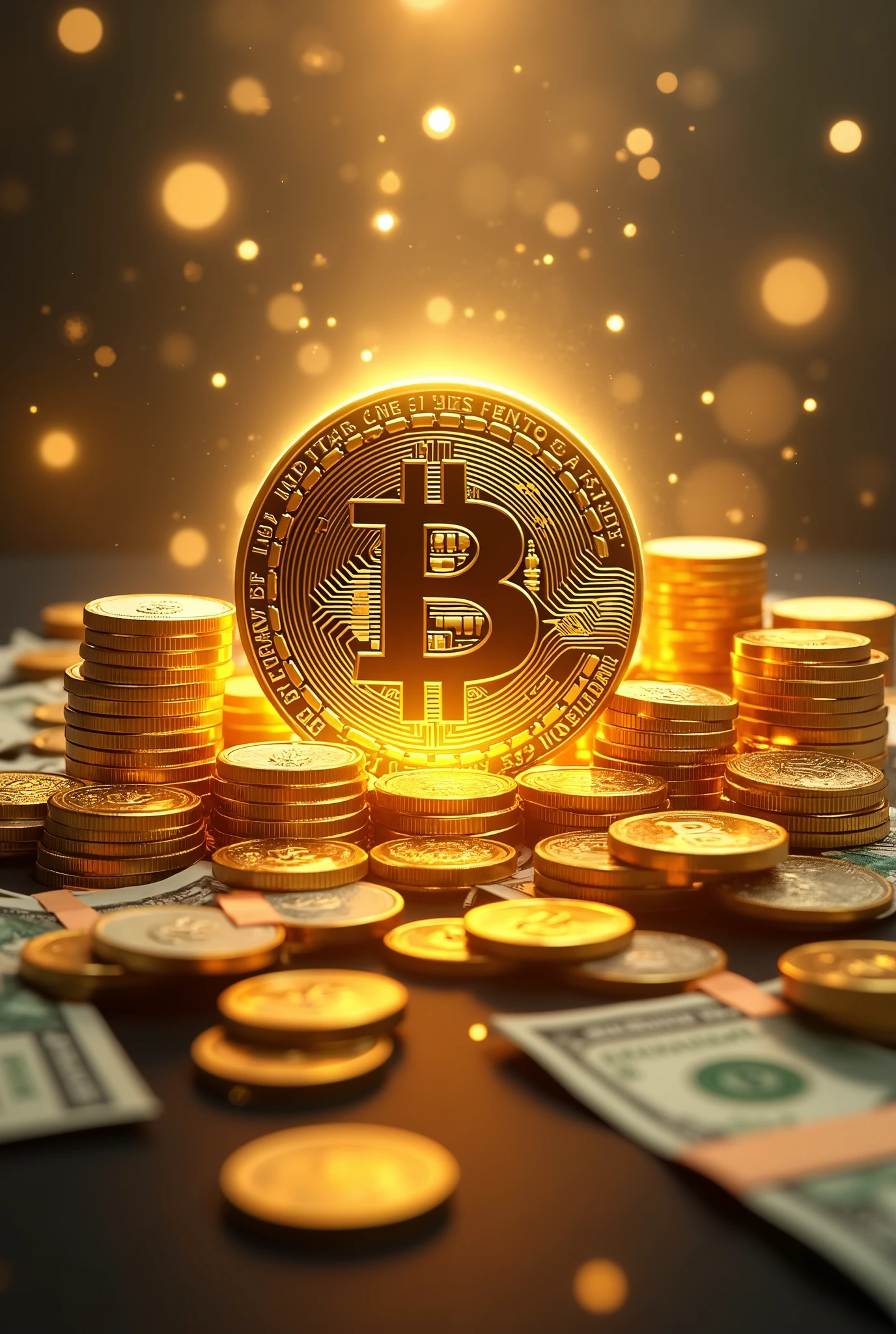 A visually appealing and engaging YouTube video thumbnail featuring a collage of symbols and elements associated with wealth
and prosperity. The centerpiece is a shining golden coin surrounded by a wealth of dollar bills, gold bars, and stacks of coins.