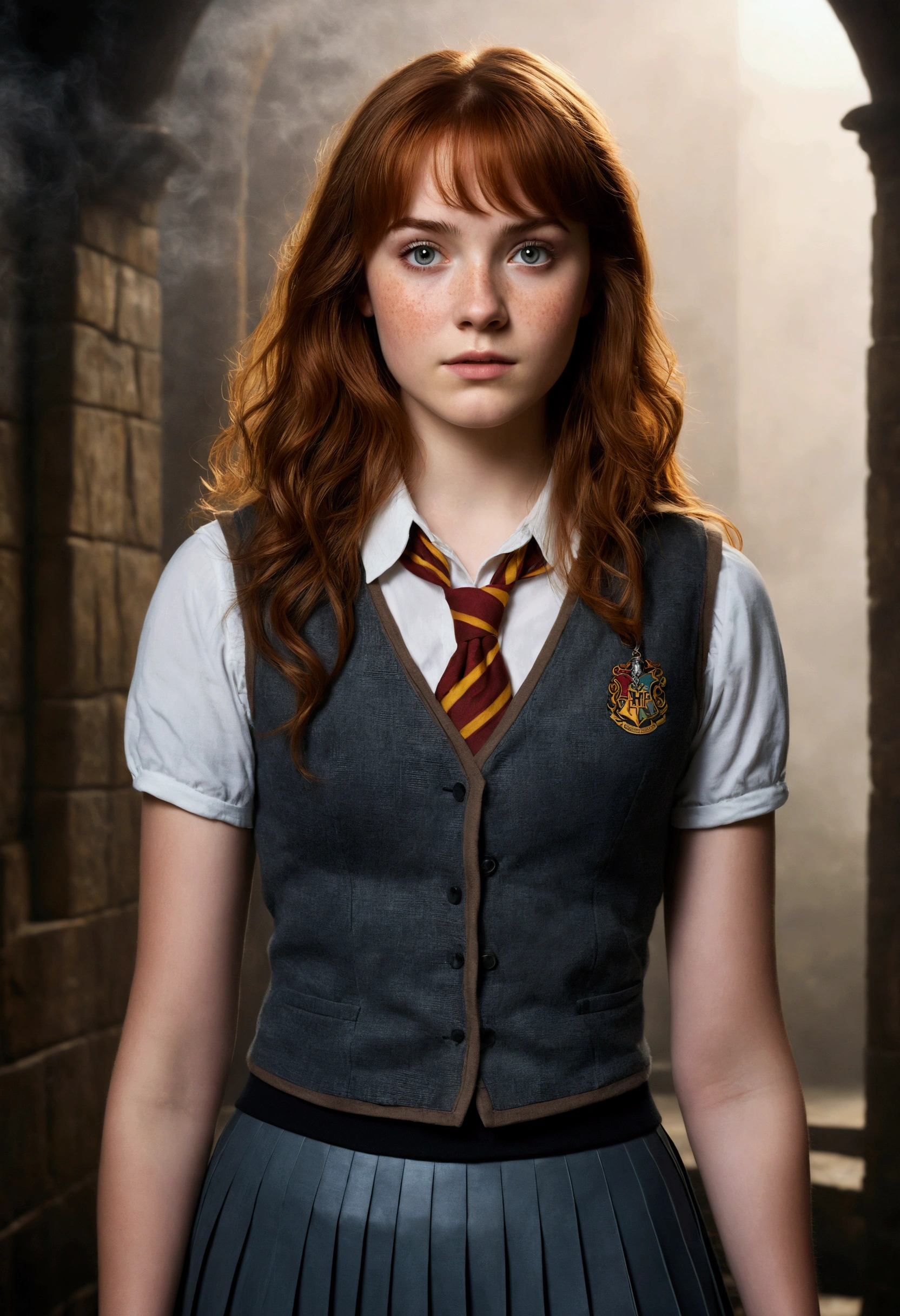 An illustrated movie poster, hand-drawn, full color, a teenage Hogwarts student, 18-years-old, female, wearing a charcoal vest and a pleated skirt, athletic hourglass figure, full wide hips, massive round butt, long shapely legs, ridiculously thick powerful thighs, vibrant eyes, deep dark auburn hair, thick shaggy bangs, flushed sun-kissed complexion, freckles, resembles Genevieve O'Reilly, standing in a foggy Hogwarts courtyard, surrounded by mist, graphite shading, stencil marks, airbrushed acrylic paint, masterpiece, close-up shot, in the style of the Deathly Hallows