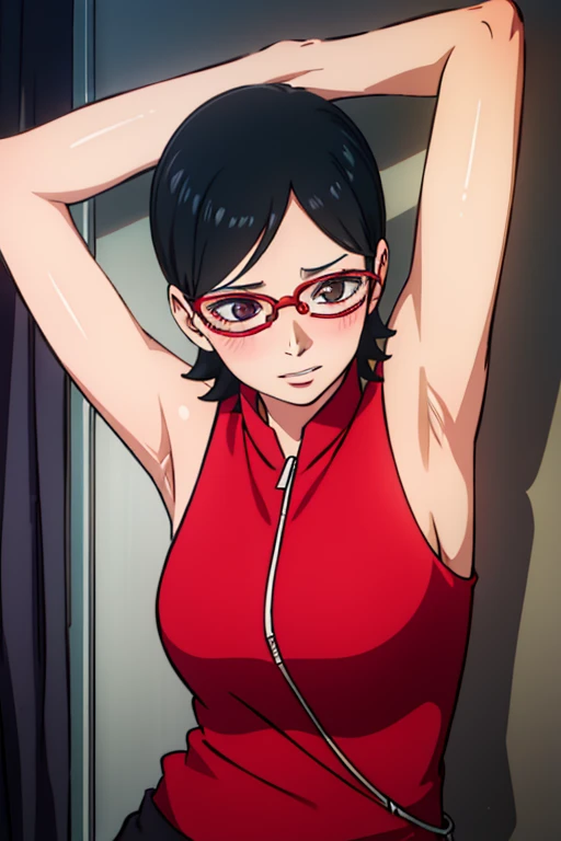 short black hair, Cute girls, sensual lip, Astringent, Blushing and shy, Cool drag, wearing glasses, sleeveless, red outfit, arms up, detailed armpits
