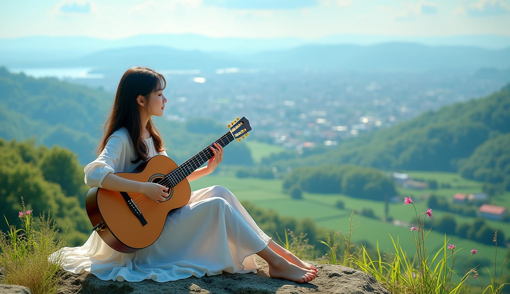 A 20age girl seating on heights of place , white thin skirt ,looking so cute and sexy ,playing guitar, looking under the city, farm , green view, feeling so cool, and blue sky syncing, (realistic image HDR) , (hight details), (vivid)