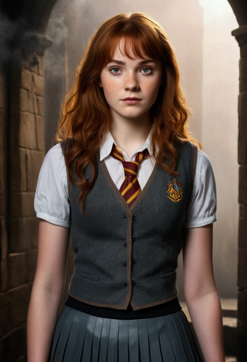 An illustrated movie poster, hand-drawn, full color, a teenage Hogwarts student, 18-years-old, female, wearing a charcoal vest and a pleated skirt, athletic hourglass figure, full wide hips, massive round butt, long shapely legs, ridiculously thick powerful thighs, vibrant eyes, deep dark auburn hair, thick shaggy bangs, flushed sun-kissed complexion, freckles, resembles Genevieve O'Reilly, standing in a foggy Hogwarts courtyard, surrounded by mist, graphite shading, stencil marks, airbrushed acrylic paint, masterpiece, close-up shot, in the style of the Deathly Hallows