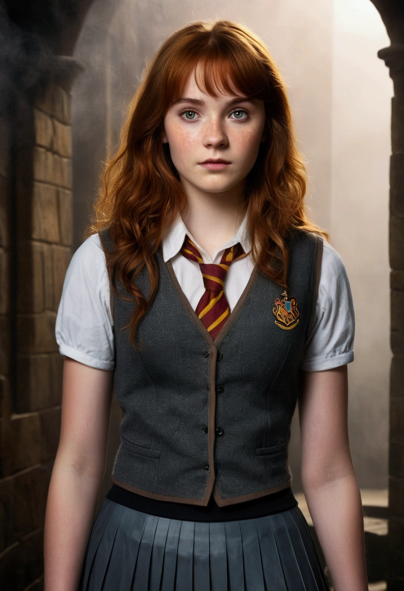 An illustrated movie poster, hand-drawn, full color, a age Hogwarts student, 18-years-old, female, wearing a charcoal vest and a pleated skirt, athletic hourglass figure, full wide hips, massive round butt, long shapely legs, ridiculously thick powerful thighs, vibrant eyes, deep dark auburn hair, thick shaggy bangs, flushed sun-kissed complexion, freckles, resembles Genevieve O'Reilly, standing in a foggy Hogwarts courtyard, surrounded by mist, graphite shading, stencil marks, airbrushed acrylic paint, masterpiece, close-up shot, in the style of the Deathly Hallows