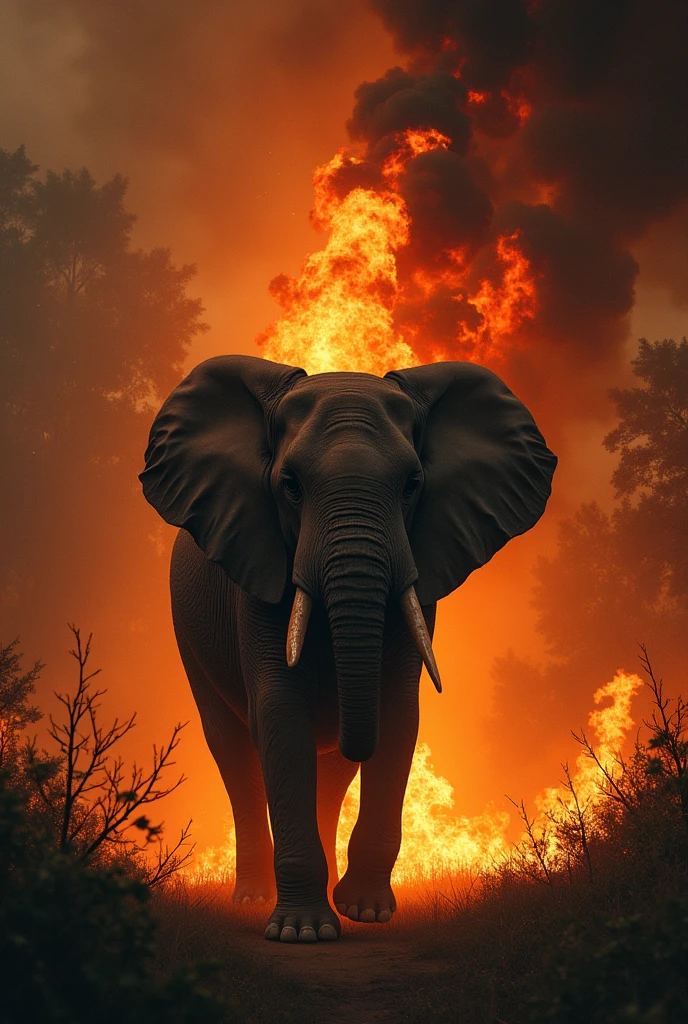 The picture shows a lone elephant trapped in a burning tree