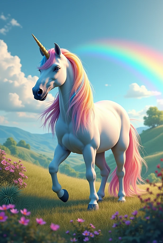 Qr a realistic unicorn with a rainbow mane, the beautiful background landscape with vivid colors