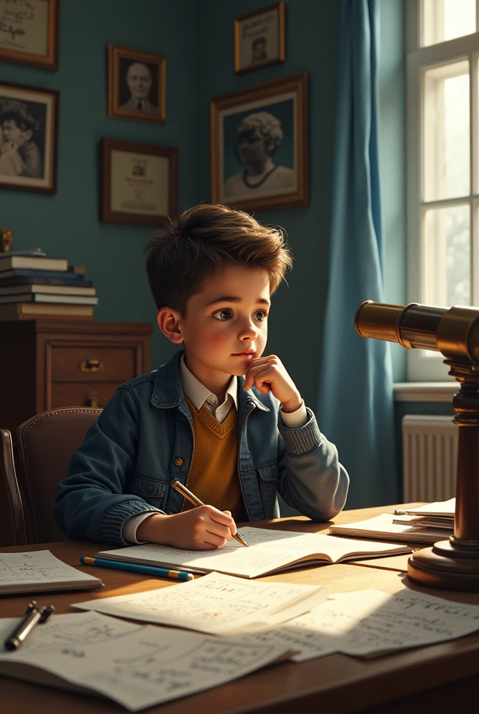  Generate, A boy sitting on a chair front of him we can see telescope and front wall is covered by many Psychology photos. On his table we can see there are Mathameticl instruments and Book named as Psychology and some rough sheets which are filled with Mathameticl concepts like Algebra and trigonometry. He is thinking about something. A pen in his hand. His face expression is thinking deeply about something.