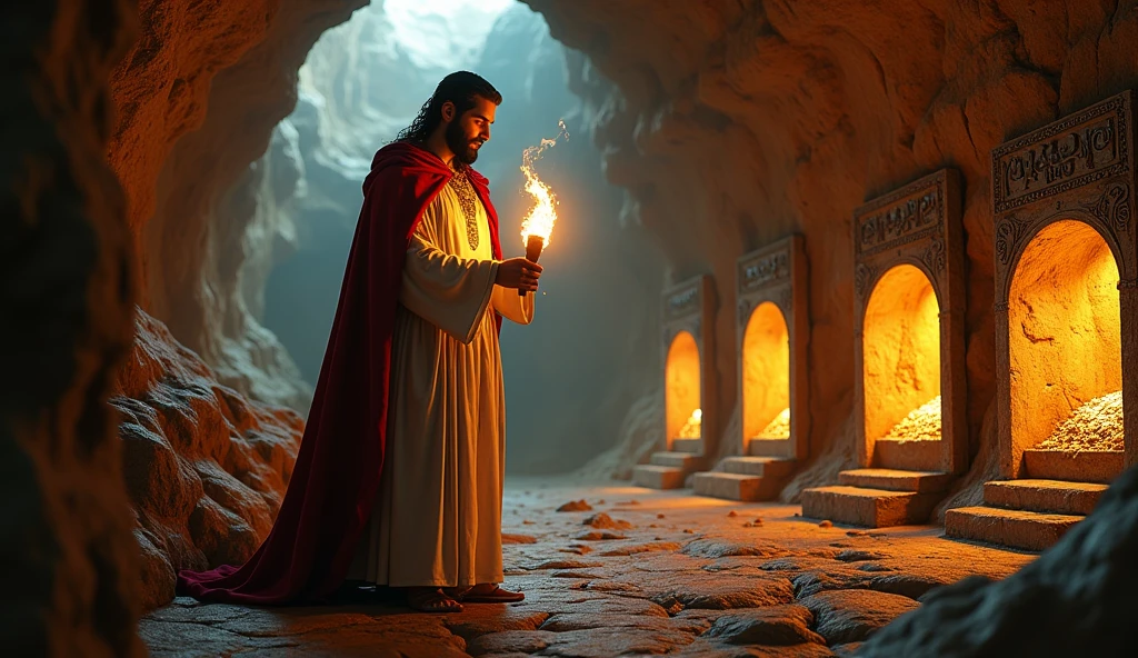 Crie uma imagem hiper-realista e misteriosa de Solomon em uma caverna secreta, where he is discovering different hidden safes, each representing a type of investment – gold, Lands, spices and jewels. Solomon, dressed in a white linen tunic with gold embroidery and a red velvet cloak, holds a torch that illuminates the cave, revealing the hidden treasures. to cave, with its carved walls and ancient symbols, creates an atmosphere of mystery and discovery. The soft light of the torch should highlight the glow of the different vaults, symbolizing diversification as a way to protect and expand wealth in unexpected places.
