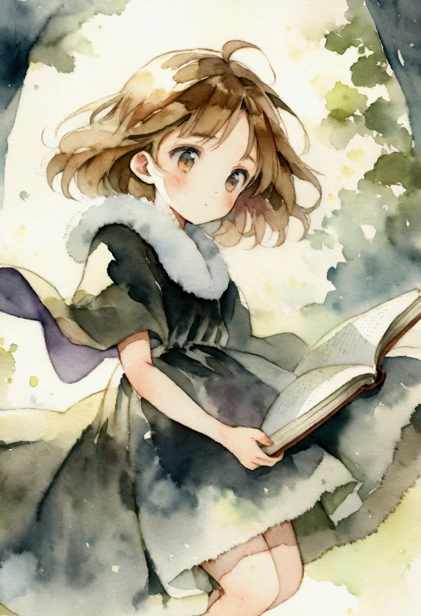 A witch around 20 years old Fluffy brown hair Wearing a black dress Picture books Watercolor